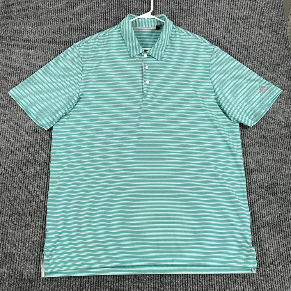 Adidas Polo Shirt Mens Large Green Striped Short Sleeve Casual Golf Outdoor